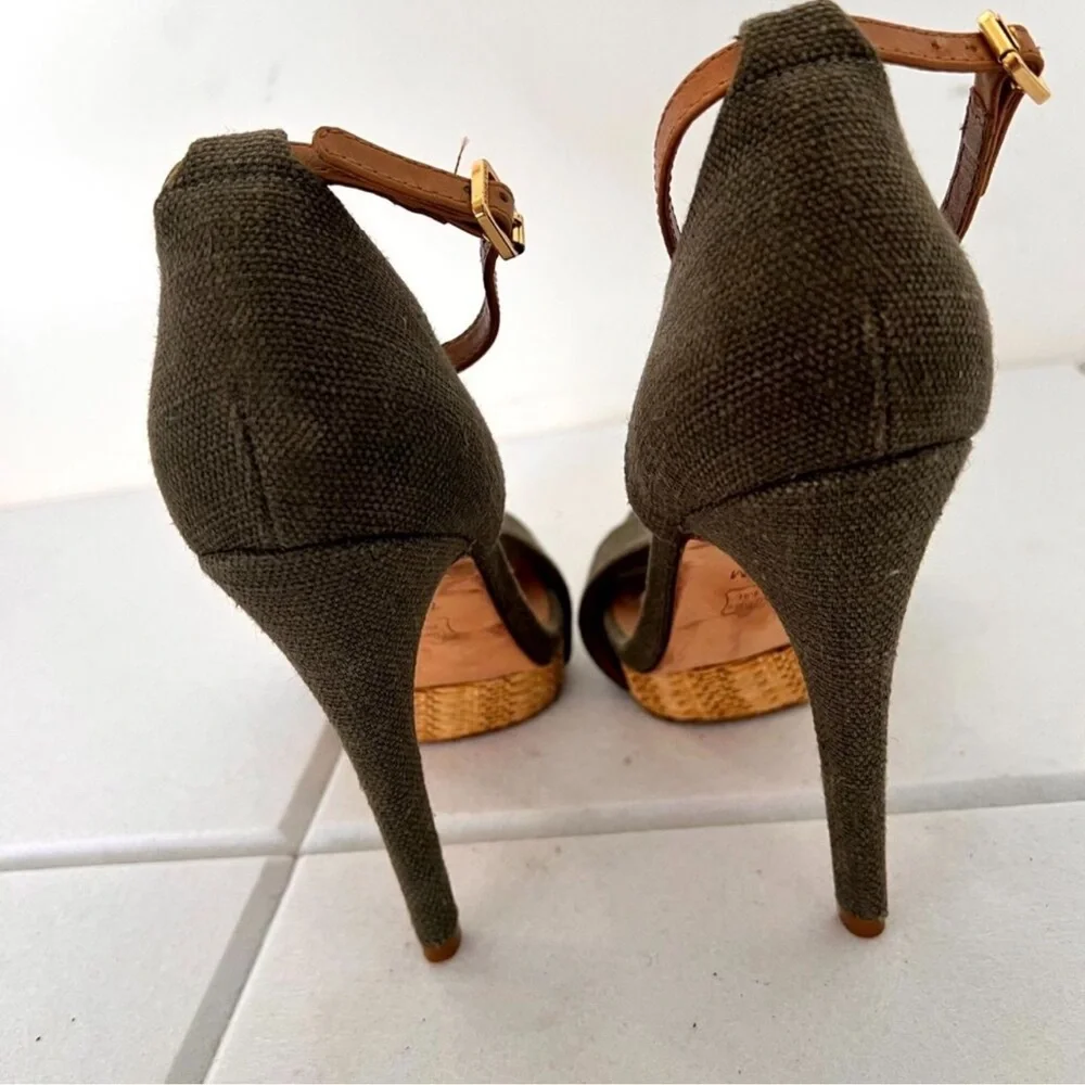 Tory Burch Amina Olive Woven Platform Heels Raffia‎ Ankle Strap 7.5